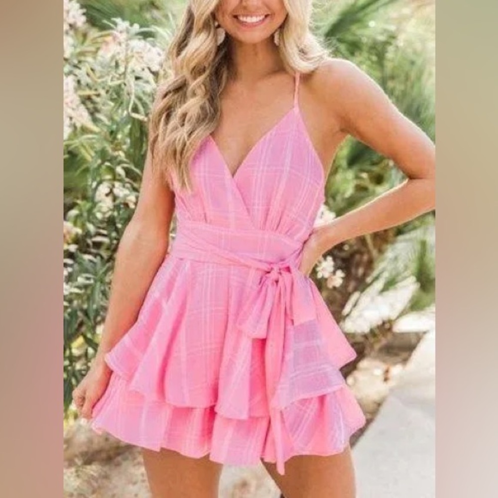 Pink Lily Pink Plaid Ruffle Jumpsuit
